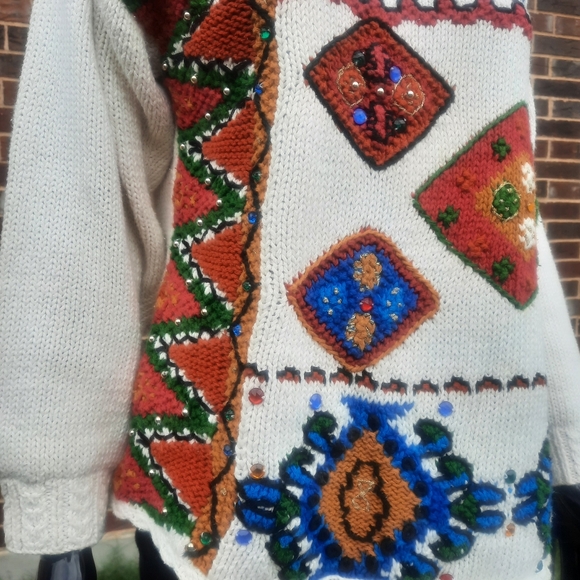 Vintage 90s Southwestern Pattern Embroidered and Beaded Hand Knit Sweater | S - Picture 7 of 16